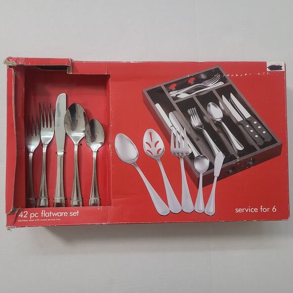Stainless Steel Flatware 42p Service For 6 With Wooden Caddy New In Box - Picture 4 of 6